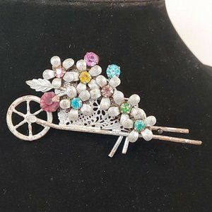 Vintage Garden Wheelbarrow w/Flowers Rhinestones Pin Brooch Costume 3.5"